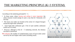 THE MARKETING PRINCIPLE (K=3 SYSTEM)
According to the marketing principal K = 3,
• In those areas, where buying and selling is more important, the
urban structure would emerge in such a way that K=3 hierarchy will
develop.
• The lower size nodes are located at the corner of a largest hexagon
around the high-order settlement.
• Each high-order settlement gets 1/3rd of each satellite settlement
(which are 6 in total)
• However, although in this K = 3 marketing network, the distance
travelled is minimized.
K indicates the number of complementary areas of lower-order center
served by the next higher order center (including itself).
 