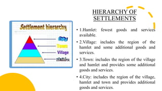 HIERARCHY OF
SETTLEMENTS
• 1.Hamlet: fewest goods and services
available.
• 2.Village: includes the region of the
hamlet and some additional goods and
services.
• 3.Town: includes the region of the village
and hamlet and provides some additional
goods and services.
• 4.City: includes the region of the village,
hamlet and town and provides additional
goods and services.
 