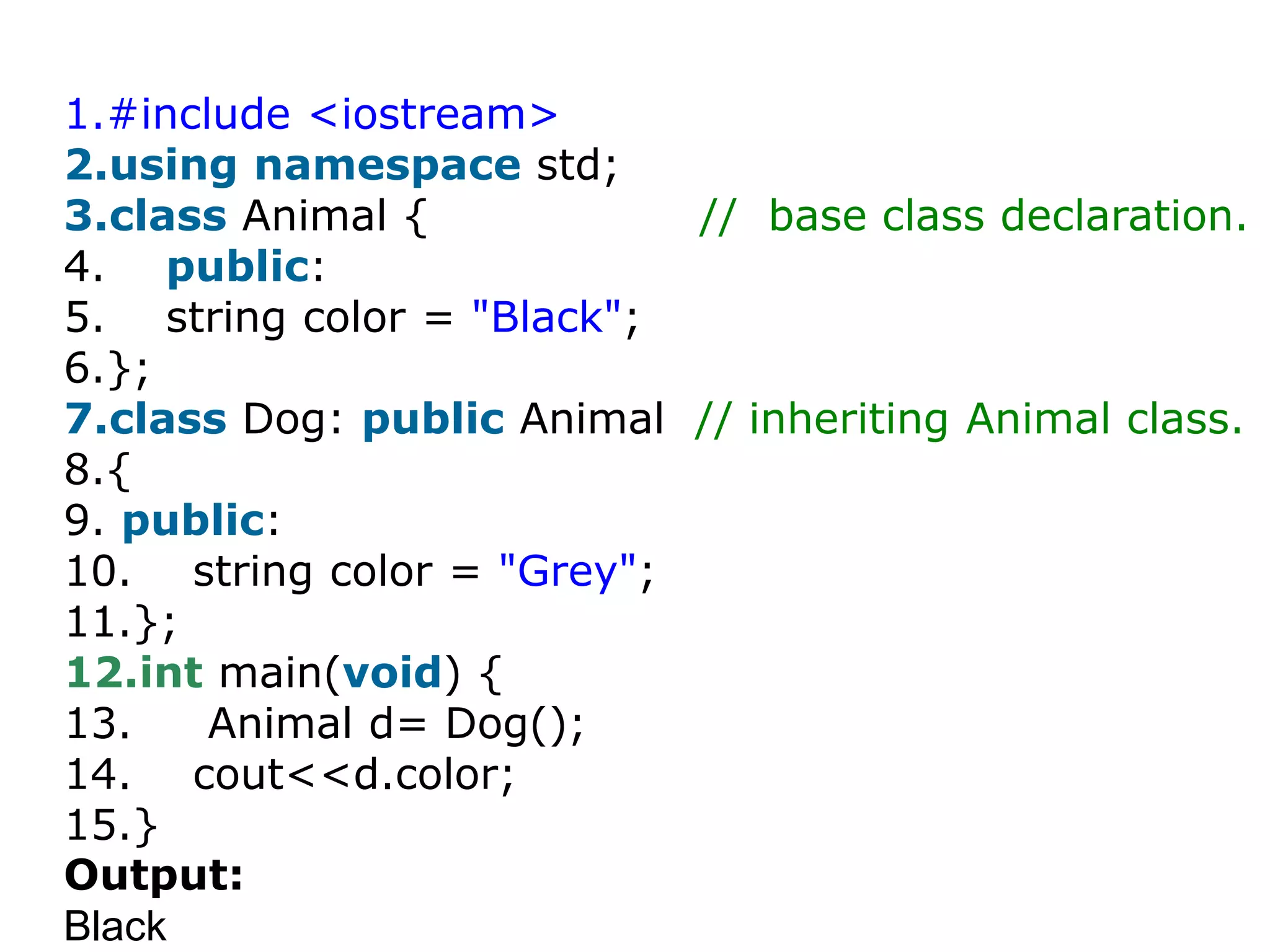 1.#include <iostream>
2.using namespace std;
3.class Animal { // base class declaration.
4. public:
5. string color = "Black";
6.};
7.class Dog: public Animal // inheriting Animal class.
8.{
9. public:
10. string color = "Grey";
11.};
12.int main(void) {
13. Animal d= Dog();
14. cout<<d.color;
15.}
Output:
Black
 