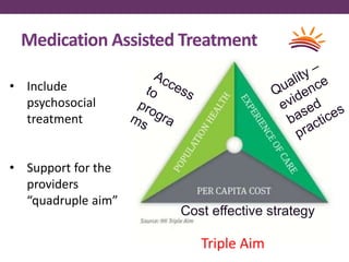 Medication Assisted Treatment
Cost effective strategy
• Include
psychosocial
treatment
• Support for the
providers
“quadruple aim”
Triple Aim
 