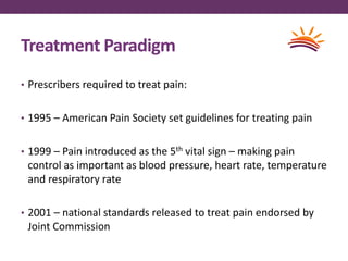 Treatment Paradigm
• Prescribers required to treat pain:
• 1995 – American Pain Society set guidelines for treating pain
• 1999 – Pain introduced as the 5th vital sign – making pain
control as important as blood pressure, heart rate, temperature
and respiratory rate
• 2001 – national standards released to treat pain endorsed by
Joint Commission
 