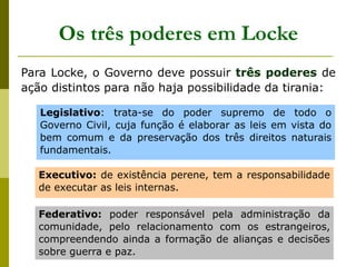 Para Locke, o Governo deve possuir três poderes de
ação distintos para não haja possibilidade da tirania:
Os três poderes em Locke
Legislativo: trata-se do poder supremo de todo o
Governo Civil, cuja função é elaborar as leis em vista do
bem comum e da preservação dos três direitos naturais
fundamentais.
Executivo: de existência perene, tem a responsabilidade
de executar as leis internas.
Federativo: poder responsável pela administração da
comunidade, pelo relacionamento com os estrangeiros,
compreendendo ainda a formação de alianças e decisões
sobre guerra e paz.
 