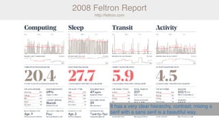 2008 Feltron Report
http://feltron.com
It has a very clear hierarchy, contrast, mixing a
serif with a sans serif is a beautiful way.
 