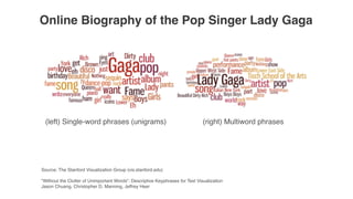 (left) Single-word phrases (unigrams) (right) Multiword phrases
Source: The Stanford Visualization Group (vis.stanford.edu)
"Without the Clutter of Unimportant Words“: Descriptive Keyphrases for Text Visualization
Jason Chuang, Christopher D. Manning, Jeffrey Heer
Online Biography of the Pop Singer Lady Gaga
 