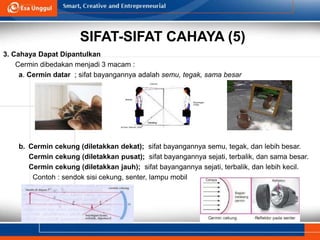 SIFAT-SIFAT CAHAYA (5)
3. Cahaya Dapat Dipantulkan
Cermin dibedakan menjadi 3 macam :
a. Cermin datar ; sifat bayangannya adalah semu, tegak, sama besar
b. Cermin cekung (diletakkan dekat); sifat bayangannya semu, tegak, dan lebih besar.
Cermin cekung (diletakkan pusat); sifat bayangannya sejati, terbalik, dan sama besar.
Cermin cekung (diletakkan jauh); sifat bayangannya sejati, terbalik, dan lebih kecil.
Contoh : sendok sisi cekung, senter, lampu mobil
 