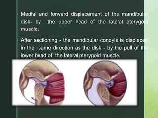 z
• Medial and forward displacement of the mandibular
disk- by the upper head of the lateral pterygoid
muscle.
• After sectioning - the mandibular condyle is displaced
in the same direction as the disk - by the pull of the
lower head of the lateral pterygoid muscle.
 