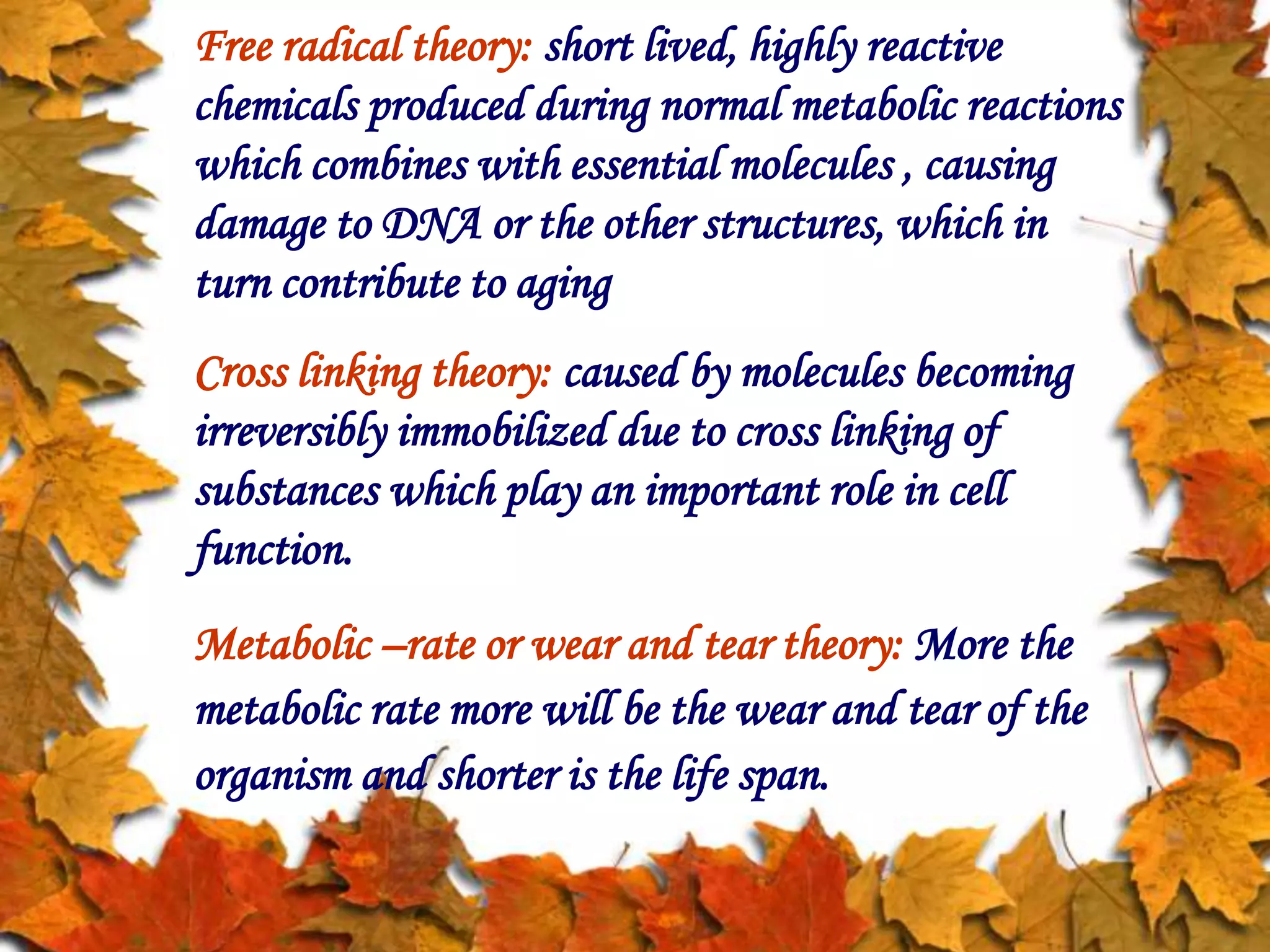Free radical theory: short lived, highly reactive
chemicals produced during normal metabolic reactions
which combines with essential molecules , causing
damage to DNA or the other structures, which in
turn contribute to aging
Cross linking theory: caused by molecules becoming
irreversibly immobilized due to cross linking of
substances which play an important role in cell
function.
Metabolic –rate or wear and tear theory: More the
metabolic rate more will be the wear and tear of the
organism and shorter is the life span.
 