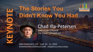 SAN FRANCISCO, CA ~ JULY 10 - 11, 2023
DIGIMARCONSILICONVALLEY.COM | #DigiMarConSiliconValley
Chad Illa-Petersen
LEAD STORY CATCHER
THE STORY CATCHER LLC
The Stories You
Didn't Know You Had
KEYNOTE
 