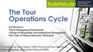 EA MENDOZA
Travel Management Department
College of Hospitality and Institutional Management
Our Lady of Fatima University Valenzuela
The Tour
Operations Cycle
© Contents are from Chapter VIII of Travel and Tour Operations
in the Philippines, Bienvenido Claravall (2008).
 