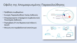 Οφέλη της Απομακρυσμένης Παρακολούθησης
• Πρόβλεψη συμβαμάτων
• Συνεχής Παρακολούθηση Υγείας Ασθενούς
• Απομακρυσμένη ή Ομόχρονη Συμβουλευτική
Υποστήριξη Ασθενούς
• Παρέμβαση ΕΥ στο θεραπευτικό πλάνο ή
αγωγή
• Μείωση στο περιβαλλοντικό αποτύπωμα
 