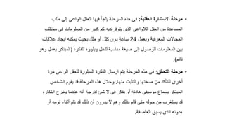 •
‫العقلية‬ ‫االستنارة‬ ‫مرحلة‬
:
‫المرحلة‬ ‫هذه‬ ‫في‬
‫فيها‬ ‫يلجأ‬
‫ال‬
‫طل‬ ‫إلى‬ ‫الواعى‬ ‫عقل‬
‫ب‬
‫م‬ ‫فى‬ ‫المعلومات‬ ‫من‬ ‫كبير‬ ‫كم‬ ‫يتوفرلديه‬ ‫الذى‬ ‫الالواعى‬ ‫العقل‬ ‫من‬ ‫المساعدة‬
‫ختلف‬
‫ويعمل‬ ‫المعرفية‬ ‫المجاالت‬
24
‫عالقات‬ ‫ايجاد‬ ‫يمكنه‬ ‫بحيث‬ ‫ملل‬ ‫أو‬ ‫كلل‬ ‫دون‬ ‫ساعة‬
‫المعلومات‬ ‫بين‬
‫ل‬
‫للفكرة‬ ‫وبلورة‬ ‫للحل‬ ‫مناسبة‬ ‫صيغة‬ ‫إلى‬ ‫لوصول‬
(
‫المبت‬
‫وهو‬ ‫يعمل‬ ‫كر‬
‫نائم‬
.)
•
‫التحقق‬ ‫مرحلة‬
:
‫ل‬ ‫المبلورة‬ ‫الفكرة‬ ‫ارسال‬ ‫يتم‬ ‫المرحلة‬ ‫هذه‬ ‫فى‬
‫الواعى‬ ‫لعقل‬
‫مرة‬
‫أخرى‬
‫منها‬ ‫والتثبت‬ ‫صحتها‬ ‫من‬ ‫للتأكد‬
.
‫الشخص‬ ‫يقوم‬ ‫قد‬ ‫المرحلة‬ ‫هذه‬ ‫وخالل‬
‫ا‬ ‫يطرح‬ ‫عندما‬ ‫أنه‬ ‫لدرجة‬ ‫شئ‬ ‫ال‬ ‫فى‬ ‫يفكر‬ ‫أو‬ ‫هادئة‬ ‫موسيقى‬ ‫بسماع‬ ‫المبتكر‬
‫بتكاره‬
‫نوم‬ ‫أثناء‬ ‫يتم‬ ‫قد‬ ‫ذلك‬ ‫أن‬ ‫يدرون‬ ‫ال‬ ‫وهم‬ ‫بذلك‬ ‫قام‬ ‫متى‬ ‫حوله‬ ‫من‬ ‫يستغرب‬ ‫قد‬
‫أو‬ ‫ه‬
‫العاصفة‬ ‫يسبق‬ ‫الذى‬ ‫هدوئه‬
.
 