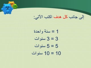 ‫جانب‬ ‫إلى‬
‫هدف‬ ‫كل‬
‫اآلتي‬ ‫اكتب‬
:
1
=
‫واحدة‬ ‫سنة‬
3
=
3
‫سنوات‬
5
=
5
‫سنوات‬
10
=
10
‫سنوات‬
 