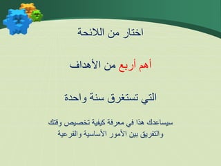 ‫الالئحة‬ ‫من‬ ‫اختار‬
‫أربع‬ ‫أهم‬
‫األهداف‬ ‫من‬
‫واحدة‬ ‫سنة‬ ‫تستغرق‬ ‫التي‬
‫وقتك‬ ‫تخصيص‬ ‫كيفية‬ ‫معرفة‬ ‫في‬ ‫هذا‬ ‫سيساعدك‬
‫والفرعية‬ ‫األساسية‬ ‫األمور‬ ‫بين‬ ‫والتفريق‬
 