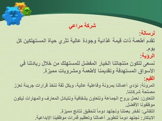 ‫مراعي‬ ‫شركة‬
‫لرسالة‬
:
‫المستهلكين‬ ‫حياة‬ ‫تثري‬ ‫عالية‬ ‫وجودة‬ ‫غذائية‬ ‫قيمة‬ ‫ذات‬ ‫أطعمة‬ ‫تقدم‬
‫كل‬
‫يوم‬
.
‫الرؤية‬
:
‫ريادت‬ ‫خالل‬ ‫من‬ ‫للمستهلك‬ ‫المفضل‬ ‫الخيار‬ ‫منتجاتنا‬ ‫لتكون‬ ‫نسعى‬
‫في‬ ‫نا‬
‫مميزة‬ ‫ومشروبات‬ ‫ألطعمة‬ ‫وتقديمنا‬ ‫المستهدفة‬ ‫األسواق‬
.
‫القيم‬
:
‫المرونة‬
:
‫جريئة‬ ‫قرارات‬ ‫نتخذ‬ ‫ثقة‬ ‫وبكل‬ ،‫عالية‬ ‫وفاعلية‬ ‫بمرونة‬ ‫أعمالنا‬ ‫نؤدي‬
‫تعزز‬
‫شركائنا‬ ‫مصلحة‬
.
‫التعاون‬
:
‫ل‬ ‫والمهارات‬ ‫المعارف‬ ‫ونتبادل‬ ‫بشفافية‬ ‫ونتعاون‬ ‫الجماعة‬ ‫بروح‬ ‫نعمل‬
‫يكون‬
‫األفضل‬ ‫موظفونا‬
.
‫التفاني‬
:
‫مميزة‬ ‫نتائج‬ ‫لتحقيق‬ ‫دوما‬ ‫ونجتهد‬ ‫بعملنا‬ ‫نفخر‬
.
‫االبتكار‬
:
‫اإلبداعية‬ ‫موظفينا‬ ‫قدرات‬ ‫وتعظيم‬ ‫أعمالنا‬ ‫لتطوير‬ ‫دوما‬ ‫نجتهد‬
.
 