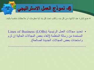 6
-
‫االستراتيجي‬ ‫العمل‬ ‫نموذج‬
×
‫بالبند‬ ‫خاصة‬ ‫مالحظات‬ ‫أو‬ ‫معلومات‬ ‫أية‬ ‫بند‬ ‫كل‬ ‫تحت‬ ‫واكتب‬ ،‫بند‬ ‫كل‬ ‫من‬ ‫االنتهاء‬ ‫عند‬ ‫إشارة‬ ‫ضع‬
:
•
‫تحديد‬
‫مجاالت‬
‫العمل‬
‫الرئيسية‬
Lines of Business (LOBs)
‫المستمدة‬
‫من‬
‫رسالة‬
‫المنظمة‬
(
‫إلغاء‬
‫بعض‬
‫المجاالت‬
‫الحالية‬
‫إن‬
‫لزم‬
‫واستحداث‬
‫بعض‬
‫المجاالت‬
‫الجديدة‬
‫الصالحة‬
)
.
.............................................................................
 