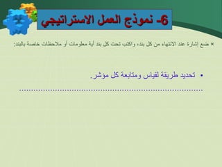 6
-
‫االستراتيجي‬ ‫العمل‬ ‫نموذج‬
×
‫بالبند‬ ‫خاصة‬ ‫مالحظات‬ ‫أو‬ ‫معلومات‬ ‫أية‬ ‫بند‬ ‫كل‬ ‫تحت‬ ‫واكتب‬ ،‫بند‬ ‫كل‬ ‫من‬ ‫االنتهاء‬ ‫عند‬ ‫إشارة‬ ‫ضع‬
:
•
‫تحديد‬
‫طريقة‬
‫لقياس‬
‫ومتابعة‬
‫كل‬
‫مؤشر‬
.
.............................................................................
 