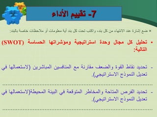 7
-
‫األداء‬ ‫تقييم‬
×
‫بالبند‬ ‫خاصة‬ ‫مالحظات‬ ‫أو‬ ‫معلومات‬ ‫أية‬ ‫بند‬ ‫كل‬ ‫تحت‬ ‫واكتب‬ ،‫بند‬ ‫كل‬ ‫من‬ ‫االنتهاء‬ ‫عند‬ ‫إشارة‬ ‫ضع‬
:
•
‫تحليل‬
‫كل‬
‫مجال‬
‫وحدة‬
‫استراتيجية‬
‫ومؤشراتها‬
‫الحساسة‬
(SWOT)
‫التالية‬
:
-
‫تحديد‬
‫نقاط‬
‫القوة‬
‫والضعف‬
‫مقارنة‬
‫مع‬
‫المنافسين‬
‫المباشرين‬
(
‫الست‬
‫عمالها‬
‫في‬
‫تعديل‬
‫النموذج‬
‫االستراتيجي‬
)
.
.........................................................................................
-
‫تحديد‬
‫الفرص‬
‫المتاحة‬
‫والمخاطر‬
‫المتوقعة‬
‫في‬
‫البيئة‬
‫المحيطة‬
(
‫الست‬
‫عمالها‬
‫في‬
‫تعديل‬
‫النموذج‬
‫االستراتيجي‬
)
.
.........................................................................................
 