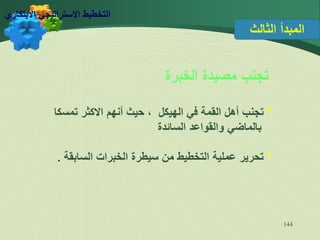 144
‫الخبرة‬ ‫مصيدة‬ ‫تجنب‬
*
‫تمسكا‬ ‫االكثر‬ ‫أنهم‬ ‫حيث‬ ، ‫الهيكل‬ ‫في‬ ‫القمة‬ ‫أهل‬ ‫تجنب‬
‫السائدة‬ ‫والقواعد‬ ‫بالماضي‬
*
‫السابقة‬ ‫الخبرات‬ ‫سيطرة‬ ‫من‬ ‫التخطيط‬ ‫عملية‬ ‫تحرير‬
.
‫الثالث‬ ‫المبدأ‬
‫االبتكاري‬ ‫االستراتيجي‬ ‫التخطيط‬
 