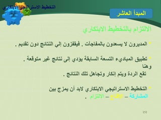 151
‫العاشر‬ ‫المبدأ‬
‫االبتكاري‬ ‫بالتخطيط‬ ‫االلتزام‬
*
‫بالمفاجآت‬ ‫يسعدون‬ ‫ال‬ ‫المديرون‬
.
‫دون‬ ‫النتائج‬ ‫إلي‬ ‫فيقفزون‬
‫تقديم‬
.
*
‫متو‬ ‫غير‬ ‫نتائج‬ ‫إلى‬ ‫يؤدي‬ ‫السابقة‬ ‫التسعة‬ ‫المباديء‬ ‫تطبيق‬
‫قعة‬
.
‫وهنا‬
‫النتائج‬ ‫تلك‬ ‫وتجاهل‬ ‫إنكار‬ ‫ويتم‬ ‫الردة‬ ‫تقع‬
.
*
‫بين‬ ‫يمزج‬ ‫أن‬ ‫البد‬ ‫االبتكاري‬ ‫االستراتيجي‬ ‫التخطيط‬
‫المشاركة‬
–
‫اإلقناع‬
–
‫االلتزام‬
.
‫االبتكاري‬ ‫االستراتيجي‬ ‫التخطيط‬
 