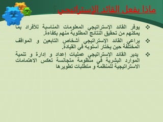 
‫يوفر‬
‫القائد‬
‫اإلستراتيجي‬
‫المعلومات‬
‫المناسبة‬
‫لألفراد‬
‫ب‬
‫ما‬
‫يمكنهم‬
‫من‬
‫تحقيق‬
‫النتائج‬
‫المطلوبة‬
‫منهم‬
‫بكفاءة‬
.

‫يراعي‬
‫القائد‬
‫اإلستراتيجي‬
‫أشخاص‬
‫التابعين‬
‫و‬
‫المواقف‬
‫المختلفة‬
‫حين‬
‫يختار‬
‫أسلوبه‬
‫في‬
‫القيادة‬
.

‫يدير‬
‫القائد‬
‫اإلستراتيجي‬
‫عمليات‬
‫إعداد‬
‫و‬
‫إدارة‬
‫و‬
‫تنمية‬
‫الموارد‬
‫البشرية‬
‫في‬
‫منظومة‬
‫متجانسة‬
‫تعكس‬
‫االهتمامات‬
‫االستراتيجية‬
‫للمنظمة‬
‫و‬
‫متطلبات‬
‫تطويرها‬
‫الإستراتيجي‬ ‫القائد‬ ‫يفعل‬ ‫ماذا‬
‫؟‬
 