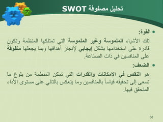 ‫مصفوفة‬ ‫تحليل‬
SWOT

‫القوة‬
:
‫تلك‬
‫األشياء‬
‫الملموسة‬
‫وغير‬
‫الملموسة‬
‫التي‬
‫تمتلكها‬
‫المنظمة‬
‫وت‬
‫كون‬
‫قادرة‬
‫على‬
‫استخدامها‬
‫بشكل‬
‫إيجابي‬
‫إلنجاز‬
‫أهدافها‬
‫وبما‬
‫يجعلها‬
‫مت‬
‫فوقة‬
‫على‬
‫المنافسين‬
‫في‬
‫ذات‬
‫الصناعة‬
.

‫الضعف‬
:
‫هو‬
‫النقص‬
‫في‬
‫اإلمكانات‬
‫والقدرات‬
‫التي‬
‫تمكن‬
‫المنظمة‬
‫من‬
‫بلوغ‬
‫ما‬
‫تسعى‬
‫إلى‬
‫تحقيقه‬
ً‫ا‬‫قياس‬
‫بالمنافسين‬
‫وما‬
‫ينعكس‬
‫بالتالي‬
‫ع‬
‫لى‬
‫مستوى‬
‫األداء‬
‫المتحقق‬
‫فيها‬
.
38
 