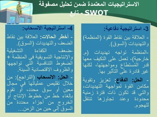 ‫مصفوفة‬ ‫تحليل‬ ‫ضمن‬ ‫المعتمدة‬ ‫االستراتيجيات‬
SWOT
-
‫تابع‬
42
4
-
‫استراتيجية‬
‫االنسحاب‬
:
-
‫أخطر‬
‫الحاالت‬
:
‫العالقة‬
‫بين‬
‫نق‬
‫اط‬
‫الضعف‬
‫والتهديدات‬
(
‫السوق‬
)
.
-
‫ضعف‬
‫الكفاءة‬
‫التشغيلية‬
‫واإلنتاجية‬
‫التسويقية‬
‫في‬
‫الم‬
‫نظمة‬
+
‫الضغوط‬
‫التنافسية‬
‫التي‬
‫توا‬
‫جهها‬
‫والظروف‬
‫االقتصادية‬
‫السيئة‬
.
-
‫الحل‬
:
‫االنسحاب‬
(
‫التراجع‬
)
:
‫من‬
‫خالل‬
‫تقليص‬
‫عملياتها‬
‫في‬
‫مج‬
‫ال‬
‫معين‬
‫أو‬
‫سوق‬
،‫محدد‬
‫أو‬
‫تقوم‬
‫بإلغاء‬
‫خط‬
‫من‬
‫خطوط‬
‫اإلنتاج‬
‫أو‬
‫الخروج‬
‫من‬
‫أجزاء‬
‫محددة‬
‫من‬
‫السوق‬
‫إلى‬
‫حين‬
‫من‬
‫الزمن‬
...
3
-
‫استراتيجية‬
‫دفاعية‬
:
-
‫العالقة‬
‫بين‬
‫نقاط‬
‫القوة‬
(
‫المن‬
‫ظمة‬
)
‫والتهديدات‬
(
‫السوق‬
)
.
-
‫المنظمة‬
‫تواجه‬
‫تهديدات‬
(
‫م‬
.
‫خارجية‬
)
،
‫تعمل‬
‫على‬
‫التكيف‬
‫مع‬
‫ها‬
‫قدر‬
‫ستطاع‬ُ‫م‬‫ال‬
،‫ومواجهتها‬
‫لكن‬
‫ها‬
‫غير‬
‫قادرة‬
‫على‬
‫التأثير‬
‫بها‬
.
-
‫الحل‬
:
‫الدفاع‬
:
‫تعزيز‬
‫وتقوية‬
‫مكامن‬
‫القوة‬
‫لمواجهة‬
،‫التهديدات‬
‫والتي‬
‫قد‬
‫تكون‬
‫ذات‬
‫فترة‬
‫زمني‬
‫ة‬
‫محدودة‬
‫وعند‬
‫تجاوزها‬
‫تنتقل‬
‫للهجوم‬
.
 