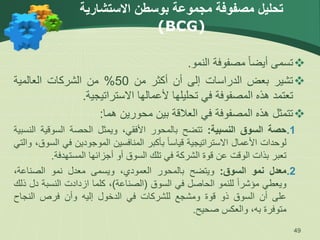 ‫االستشارية‬ ‫بوسطن‬ ‫مجموعة‬ ‫مصفوفة‬ ‫تحليل‬
(BCG)

‫تسمى‬
ً‫ا‬‫أيض‬
‫مصفوفة‬
‫النمو‬
.

‫تشير‬
‫بعض‬
‫الدراسات‬
‫إلى‬
‫أن‬
‫أكثر‬
‫من‬
50
%
‫من‬
‫الشركات‬
‫العالمية‬
‫تعتمد‬
‫هذه‬
‫المصفوفة‬
‫في‬
‫تحليلها‬
‫ألعمالها‬
‫االستراتيجية‬
.

‫تتمثل‬
‫هذه‬
‫المصفوفة‬
‫في‬
‫العالقة‬
‫بين‬
‫محورين‬
‫هما‬
:
.1
‫حصة‬
‫السوق‬
‫النسبية‬
:
‫تتضح‬
‫بالمحور‬
،‫األفقي‬
‫ويمثل‬
‫الحصة‬
‫السوقي‬
‫ة‬
‫النسبية‬
‫لوحدات‬
‫األعمال‬
‫االستراتيجية‬
ً‫ا‬‫قياس‬
‫بأكبر‬
‫المنافسين‬
‫الموجودين‬
‫في‬
‫ا‬
،‫لسوق‬
‫والتي‬
‫تعبر‬
‫بذات‬
‫الوقت‬
‫عن‬
‫قوة‬
‫الشركة‬
‫في‬
‫تلك‬
‫السوق‬
‫أو‬
‫أجزائها‬
‫المستهدفة‬
.
.2
‫معدل‬
‫نمو‬
‫السوق‬
:
‫ويتضح‬
‫بالمحور‬
،‫العمودي‬
‫ويسمى‬
‫معدل‬
‫نمو‬
،‫الصناعة‬
‫ويعطي‬
ً‫ا‬‫مؤشر‬
‫للنمو‬
‫الحاصل‬
‫في‬
‫السوق‬
(
‫الصناعة‬
)
،
‫كلما‬
‫ازدادت‬
‫النسبة‬
‫د‬
‫ل‬
‫ذلك‬
‫على‬
‫أن‬
‫السوق‬
‫ذو‬
‫قوة‬
‫ومشجع‬
‫للشركات‬
‫في‬
‫الدخول‬
‫إليه‬
‫وأن‬
‫فرص‬
‫النجاح‬
‫متوفرة‬
‫به‬
،
‫والعكس‬
‫صحيح‬
.
49
 
