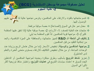 ‫االستشارية‬ ‫بوسطن‬ ‫مجموعة‬ ‫مصفوفة‬ ‫تحليل‬
(BCG)
–
‫تابع‬
2
-
‫النجوم‬ ‫خلية‬
53

‫تتسم‬
‫منتجاتها‬
،‫بالقوة‬
‫واالرتقاء‬
‫على‬
،‫المنافسين‬
‫وفرص‬
‫نجاحها‬
‫عالية‬
‫لذا‬
‫ي‬
‫صعب‬
‫عليهم‬
‫الوصول‬
‫إليها‬
.

‫معدل‬
‫نمو‬
‫عال‬
‫في‬
‫السوق‬
(
‫الصناعة‬
)
+
‫حصة‬
‫سوقية‬
‫مرتفعة‬
.

‫منتجات‬
‫هذه‬
‫الخلية‬
‫تتصف‬
:
1
-
،‫األرباح‬
2
-
‫حصة‬
‫سوقية‬
‫عالية‬
(
‫لذا‬
‫تنفق‬
‫عليها‬
‫المنظم‬
‫ة‬
ً‫ا‬‫كثير‬
)
،
3
-
‫مواجهة‬
‫قوية‬
‫للمنافسين‬
.
‫لذا‬
‫تقوم‬
‫المنظمة‬
‫بما‬
‫يلي‬
:
.1
‫تكثيف‬
‫في‬
‫أنشطة‬
‫الـ‬
R&D
‫لتمييز‬
،‫منتجاتها‬
‫والمحافظة‬
‫على‬
‫الميزة‬
،‫التنافسية‬
‫والحد‬
‫من‬
‫إمكانية‬
‫التقليد‬
‫من‬
‫قبل‬
‫المنافسين‬
.
.2
‫مواجهة‬
‫المنافسين‬
‫والوسيلة‬
:
‫تخفيض‬
‫األسعار‬
(
‫إما‬
‫من‬
‫خالل‬
‫هامش‬
‫الربح‬
‫وزيادة‬
‫ع‬
‫دد‬
‫الوحدات‬
،‫المباعة‬
‫أو‬
‫من‬
‫خالل‬
‫تخفيض‬
‫التكاليف‬
‫لإلرتقاء‬
‫بمستوى‬
‫منحنى‬
‫الخ‬
‫برة‬
‫والتعلم‬
‫لدى‬
‫العاملين‬
)
.
.3
‫تعزيز‬
‫نشاط‬
‫الترويج‬
‫بأساليب‬
‫وطرق‬
‫مبتكرة‬
‫وجديدة‬
‫لمواجهة‬
‫المنافسين‬
‫أو‬
‫ال‬
‫داخلين‬
‫الجدد‬
‫للسوق‬
+
‫اعتماد‬
‫سياسات‬
‫التنويع‬
‫في‬
‫عمليات‬
‫التوزيع‬
،
‫واختيار‬
‫منافذ‬
‫ت‬
‫وزيعية‬
‫أكثر‬
ً‫ا‬‫تأثير‬
‫في‬
‫السوق‬
.
 