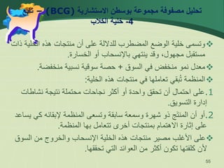 ‫االستشارية‬ ‫بوسطن‬ ‫مجموعة‬ ‫مصفوفة‬ ‫تحليل‬
(BCG)
–
‫تابع‬
4
-
‫الكالب‬ ‫خلية‬

‫الخلي‬ ‫هذه‬ ‫منتجات‬ ‫أن‬ ‫على‬ ‫للداللة‬ ‫المضطرب‬ ‫الوضع‬ ‫خلية‬ ‫وتسمى‬
‫ذات‬ ‫ة‬
‫الخسارة‬ ‫أو‬ ‫باإلنسحاب‬ ‫ينتهي‬ ‫وقد‬ ،‫مجهول‬ ‫مستقبل‬
.

‫السوق‬ ‫في‬ ‫منخفض‬ ‫نمو‬ ‫معدل‬
+
‫منخفضة‬ ‫نسبية‬ ‫سوقية‬ ‫حصة‬
.

‫الخلية‬ ‫هذه‬ ‫منتجات‬ ‫في‬ ‫تعاملها‬ ‫بقي‬ُ‫ت‬ ‫المنظمة‬
:
.1
‫نشاطات‬ ‫نتيجة‬ ‫محتملة‬ ‫نجاحات‬ ‫أكثر‬ ‫أو‬ ‫واحدة‬ ‫تحقق‬ ‫أن‬ ‫احتمال‬ ‫على‬
‫التسويق‬ ‫إدارة‬
.
.2
‫كي‬ ‫إلبقائه‬ ‫المنظمة‬ ‫وتسعى‬ ‫سابقة‬ ‫وسمعة‬ ‫شهرة‬ ‫ذو‬ ‫ج‬‫المنت‬ ‫أن‬ ‫أو‬
‫يساعد‬
‫المنظمة‬ ‫بها‬ ‫تتعامل‬ ‫أخرى‬ ‫بمنتجات‬ ‫االهتمام‬ ‫إثارة‬ ‫على‬
.

‫السو‬ ‫من‬ ‫والخروج‬ ‫اإلنسحاب‬ ‫الخلية‬ ‫هذه‬ ‫منتجات‬ ‫مصير‬ ‫األغلب‬ ‫على‬
‫ق‬
‫تحققها‬ ‫التي‬ ‫العوائد‬ ‫من‬ ‫أكثر‬ ‫تكون‬ ‫كلفتها‬ ‫ألن‬
.
55
 