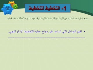 1
-
‫للتخطيط‬ ‫التخطيط‬
•
‫تفهم‬
‫العوامل‬
‫التي‬
‫تساعد‬
‫على‬
‫نجاح‬
‫عملية‬
‫التخطيط‬
‫االس‬
‫تراتيجي‬
.
.............................................................................
×
‫بالبند‬ ‫خاصة‬ ‫مالحظات‬ ‫أو‬ ‫معلومات‬ ‫أية‬ ‫بند‬ ‫كل‬ ‫تحت‬ ‫واكتب‬ ،‫بند‬ ‫كل‬ ‫من‬ ‫االنتهاء‬ ‫عند‬ ‫إشارة‬ ‫ضع‬
:
 