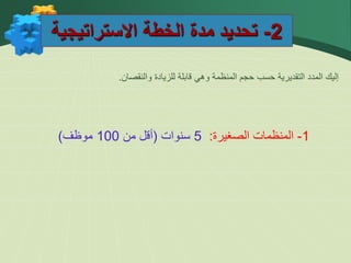 2
-
‫االستراتيجية‬ ‫الخطة‬ ‫مدة‬ ‫تحديد‬
1
-
‫المنظمات‬
‫الصغيرة‬
:
5
‫سنوات‬
(
‫أقل‬
‫من‬
100
‫موظف‬
)
‫والنقصان‬ ‫للزيادة‬ ‫قابلة‬ ‫وهي‬ ‫المنظمة‬ ‫حجم‬ ‫حسب‬ ‫التقديرية‬ ‫المدد‬ ‫إليك‬
.
 