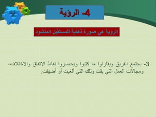 4
-
‫الرؤية‬
‫المنشود‬ ‫للمستقبل‬ ‫ذهنية‬ ‫صورة‬ ‫هي‬ ‫الرؤية‬
3
-
‫يجتمع‬
‫الفريق‬
‫ويقارنوا‬
‫ما‬
‫كتبوا‬
‫ويحصروا‬
‫نقاط‬
‫االتفاق‬
‫واال‬
،‫ختالف‬
‫ومجاالت‬
‫العمل‬
‫التي‬
‫بقت‬
‫وتلك‬
‫التي‬
‫ألغيت‬
‫أو‬
‫أضيفت‬
.
 