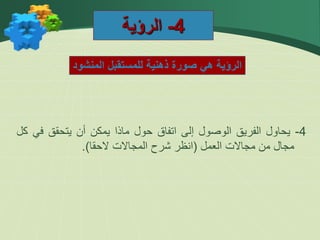 4
-
‫الرؤية‬
‫المنشود‬ ‫للمستقبل‬ ‫ذهنية‬ ‫صورة‬ ‫هي‬ ‫الرؤية‬
4
-
‫يحاول‬
‫الفريق‬
‫الوصول‬
‫إلى‬
‫اتفاق‬
‫حول‬
‫ماذا‬
‫يمكن‬
‫أن‬
‫يتحقق‬
‫في‬
‫كل‬
‫مجال‬
‫من‬
‫مجاالت‬
‫العمل‬
(
‫انظر‬
‫شرح‬
‫المجاالت‬
‫الحقا‬
)
.
 