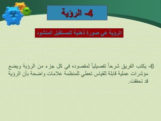 4
-
‫الرؤية‬
‫المنشود‬ ‫للمستقبل‬ ‫ذهنية‬ ‫صورة‬ ‫هي‬ ‫الرؤية‬
6
-
‫يكتب‬
‫الفريق‬
ً‫ا‬‫شرح‬
ً‫ا‬‫تفصيلي‬
‫لمقصوده‬
‫في‬
‫كل‬
‫جزء‬
‫من‬
‫ال‬
‫رؤية‬
‫ويضع‬
‫مؤشرات‬
‫عملية‬
‫قابلة‬
‫للقياس‬
‫تعطي‬
‫للمنظمة‬
‫عالمات‬
‫واضحة‬
‫بأن‬
‫ا‬
‫لرؤية‬
‫قد‬
‫تحققت‬
.
 