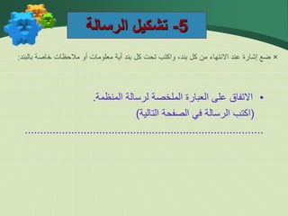 5
-
‫الرسالة‬ ‫تشكيل‬
×
‫بالبند‬ ‫خاصة‬ ‫مالحظات‬ ‫أو‬ ‫معلومات‬ ‫أية‬ ‫بند‬ ‫كل‬ ‫تحت‬ ‫واكتب‬ ،‫بند‬ ‫كل‬ ‫من‬ ‫االنتهاء‬ ‫عند‬ ‫إشارة‬ ‫ضع‬
:
•
‫االتفاق‬
‫على‬
‫العبارة‬
‫الملخصة‬
‫لرسالة‬
‫المنظمة‬
.
(
‫اكتب‬
‫الرسالة‬
‫في‬
‫الصفحة‬
‫التالية‬
)
.............................................................................
 