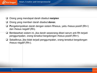  Orang yang mendapat darah disebut resipien
 Orang yang memberi darah disebut donor.
 Pengelompokkan darah dengan sistem Rhesus, yaitu rhesus positif (Rh+)
dan rhesus negatif (Rh).
 Berdasarkan sistem ini, jika darah seseorang diberi serum anti Rh terjadi
penggumpalan, orang tersebut bergolongan rhesus positif (Rh+).
 Sebaliknya, jika tidak terjadi penggumpalan, orang tersebut bergolongan
rhesus negatif (Rh-).
 