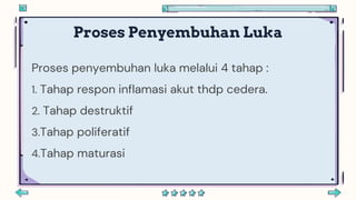 Proses Penyembuhan Luka
Proses penyembuhan luka melalui 4 tahap :
1. Tahap respon inflamasi akut thdp cedera.
2. Tahap destruktif
3.Tahap poliferatif
4.Tahap maturasi
 