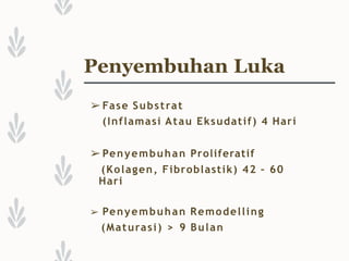 Penyembuhan Luka
➢ Fase Substrat
(Inflamasi Atau Eksudatif) 4 Hari
➢ Penyembuhan Proliferatif
(Kolagen, Fibroblastik) 42 – 60
Hari
➢ Penyembuhan Remodelling
(Maturasi) > 9 Bulan
 