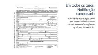 A ficha de notificação deve
ser preenchida diante de
suspeita ou confirmação de
qualquer intoxicação.
Em todos os casos:
Notificação
compulsória
Fonte
da
imagem:
SINAN.
https://bit.ly/3tiDvID.
Acesso
em:
14
mar
2021
 