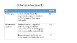 Sintomas e tratamento
Soro Ampolas
Antibotópico Leve: quadro local discreto,
sangramento em pele ou mucosas,
pode haver apenas distúrbio na
coagulação
2 a 4
Antibotrópico-
laquético
Moderado: edema e equimose
evidentes, sangramento sem
comprometimento do estado geral,
pode haver distúrbio na coagulação
5 a 8
Grave: alterações locais intensas,
hemorragia grave, hipotensão, anúria
12
 