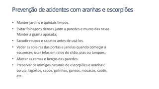 Prevenção de acidentes com aranhas e escorpiões
• Manter jardins e quintais limpos.
• Evitar folhagens densas junto a paredes e muros das casas.
Manter a grama aparada;
• Sacudir roupas e sapatos antes de usá-los.
• Vedar as soleiras das portas e janelas quando começar a
escurecer; usar telas em ralos do chão, pias ou tanques;
• Afastar as camas e berços das paredes.
• Preservar os inimigos naturais de escorpiões e aranhas:
coruja, lagartos, sapos, galinhas, gansos, macacos, coatis,
etc.
 