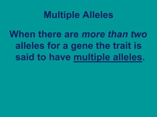 Multiple AllelesWhen there are more than two alleles for a gene the trait is said to have multiple alleles.