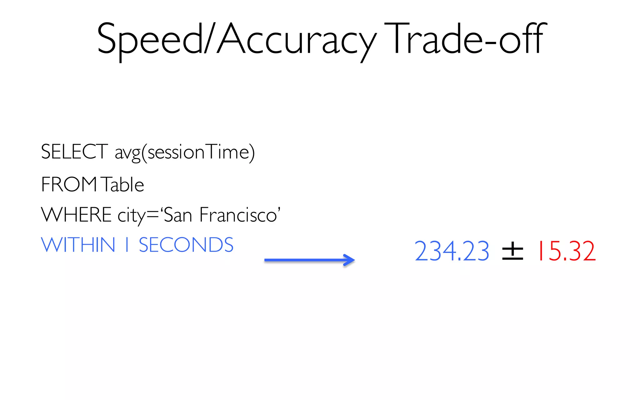 Speed/Accuracy Trade-off
SELECT avg(sessionTime)
FROMTable
WHERE city=‘San Francisco’
WITHIN 1 SECONDS 234.23 ± 15.32
 