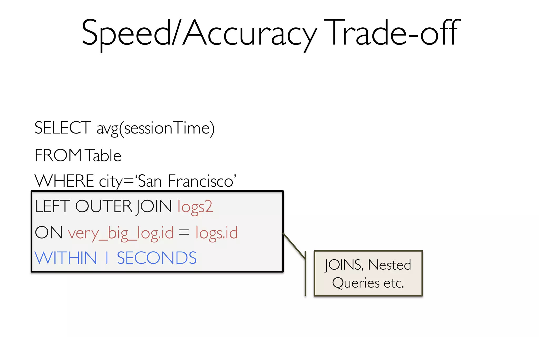 Speed/Accuracy Trade-off
SELECT avg(sessionTime)
FROMTable
WHERE city=‘San Francisco’
LEFT OUTER JOIN logs2
ON very_big_log.id = logs.id
WITHIN 1 SECONDS JOINS, Nested
Queries etc.
 