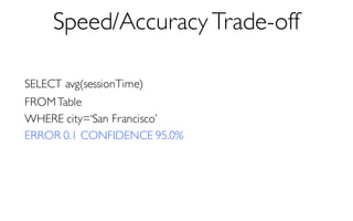 Speed/Accuracy Trade-off
SELECT avg(sessionTime)
FROMTable
WHERE city=‘San Francisco’
ERROR 0.1 CONFIDENCE 95.0%
 