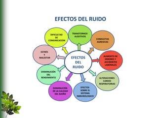 EFECTOS DEL RUIDO
EFECTOS
DEL
RUIDO
TRANSTORNOS
AUDITIVOS
AUMENTO DE
ERRORES Y
ACCIDENTES
LABORALES
ALTERACIONES
CARDIO
RESPIRATORIAS
ESTRÉS
Y
MALESTAR
DISMINUCIÓN
DEL
RENDIMIENTO
DISMINUCIÓN
DE LA CALIDAD
DEL SUEÑO
EFECTOS
SOBRE EL
SISTEMA
INMUNOLOGICO
CONDUCTAS
AGRESIVAS
DIFICULTAD
DE
COMUNICACION
 