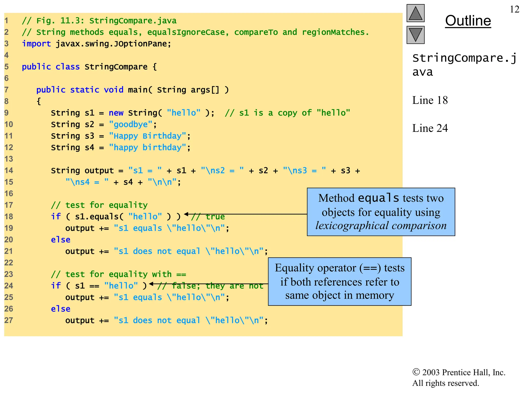 2003 Prentice Hall, Inc.
All rights reserved.
Outline
12
StringCompare.j
ava
Line 18
Line 24
1 // Fig. 11.3: StringCompare.java
2 // String methods equals, equalsIgnoreCase, compareTo and regionMatches.
3 import javax.swing.JOptionPane;
4
5 public class StringCompare {
6
7 public static void main( String args[] )
8 {
9 String s1 = new String( "hello" ); // s1 is a copy of "hello"
10 String s2 = "goodbye";
11 String s3 = "Happy Birthday";
12 String s4 = "happy birthday";
13
14 String output = "s1 = " + s1 + "ns2 = " + s2 + "ns3 = " + s3 +
15 "ns4 = " + s4 + "nn";
16
17 // test for equality
18 if ( s1.equals( "hello" ) ) // true
19 output += "s1 equals "hello"n";
20 else
21 output += "s1 does not equal "hello"n";
22
23 // test for equality with ==
24 if ( s1 == "hello" ) // false; they are not the same object
25 output += "s1 equals "hello"n";
26 else
27 output += "s1 does not equal "hello"n";
Method equals tests two
objects for equality using
lexicographical comparison
Equality operator (==) tests
if both references refer to
same object in memory
 