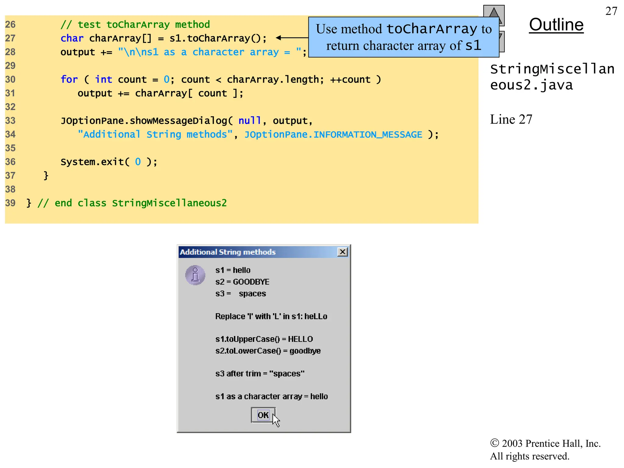  2003 Prentice Hall, Inc.
All rights reserved.
Outline
27
StringMiscellan
eous2.java
Line 27
26 // test toCharArray method
27 char charArray[] = s1.toCharArray();
28 output += "nns1 as a character array = ";
29
30 for ( int count = 0; count < charArray.length; ++count )
31 output += charArray[ count ];
32
33 JOptionPane.showMessageDialog( null, output,
34 "Additional String methods", JOptionPane.INFORMATION_MESSAGE );
35
36 System.exit( 0 );
37 }
38
39 } // end class StringMiscellaneous2
Use method toCharArray to
return character array of s1
 