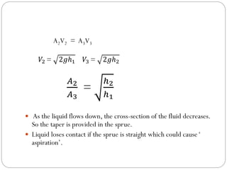 A2V2 = A3V3
𝑉2 = 2𝑔ℎ1 𝑉3 = 2𝑔ℎ2
𝐴2
𝐴3
=
ℎ2
ℎ1
 As the liquid flows down, the cross-section of the fluid decreases.
So the taper is provided in the sprue.
 Liquid loses contact if the sprue is straight which could cause‘
aspiration’.
 