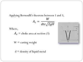 Applying Bernoulli’s theorem between 1 and 3,
𝐴𝑐 =
𝑊
𝑑𝑡𝑐 2𝑔𝐻
Where,
𝐴𝑐 = choke area at section (3)
W = casting weight
d = density of liquid metal
 